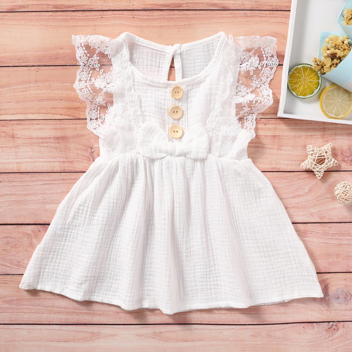 Baby Girl 95% Cotton Crepe Sleeveless Lace Bowknot Button Dress