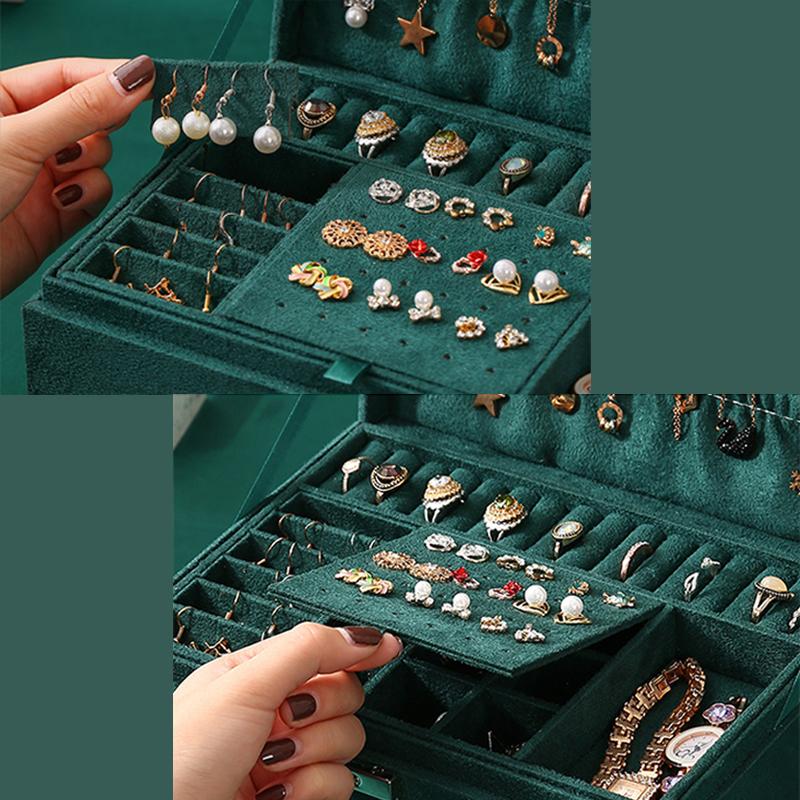 Joyero verde de 3 capas para mujer, organizador de anillos grandes,  collares, estuche de soporte de maquillaje, joyero de terciopelo con  cerradura, novedad de 2021