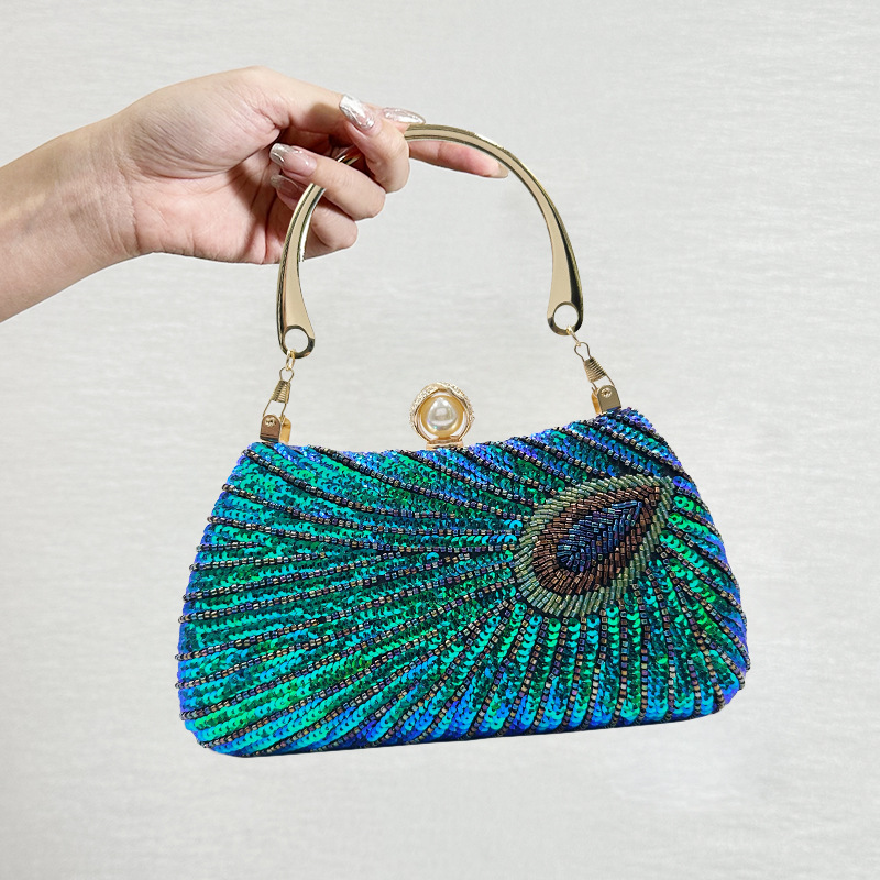 Clutch Bag in Jacquard Fabric Peacock Feather Pattern 