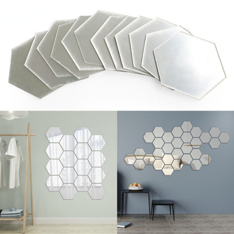 12pcs 3D Hexagon Mirror Wall Stickers Self-adhesive Acrylic Home Decor