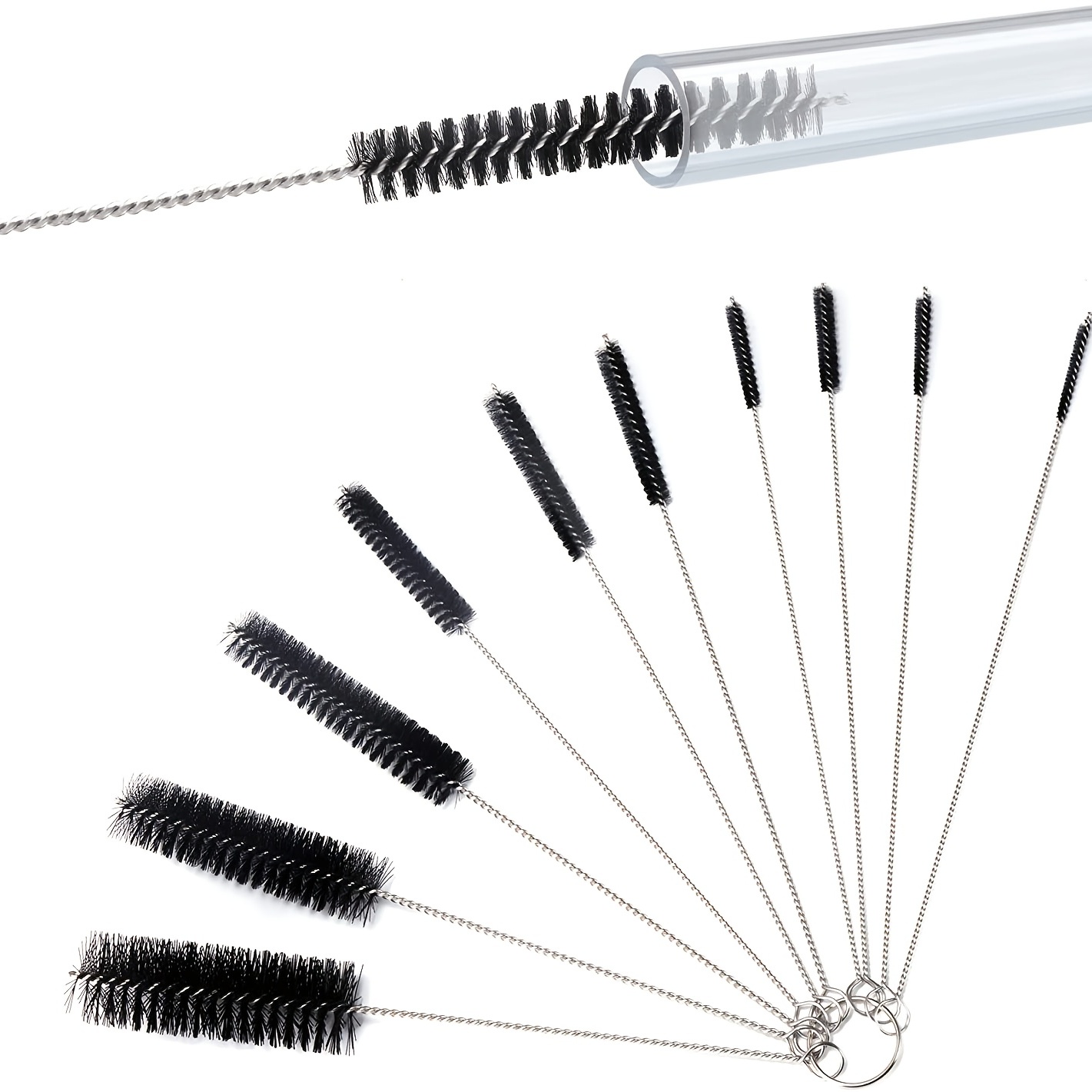 Long Straw Brush, Nylon Pipe Tube Cleaner 8.2-ihch 10 Different Diameters  Set of 10