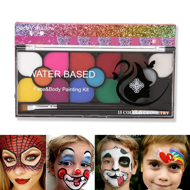 Facepaint Makeup Kit,Kids Halloween Face Paint  15 Colors Body Painting  Supplies Holiday Painting with Brush for Kids Halloween