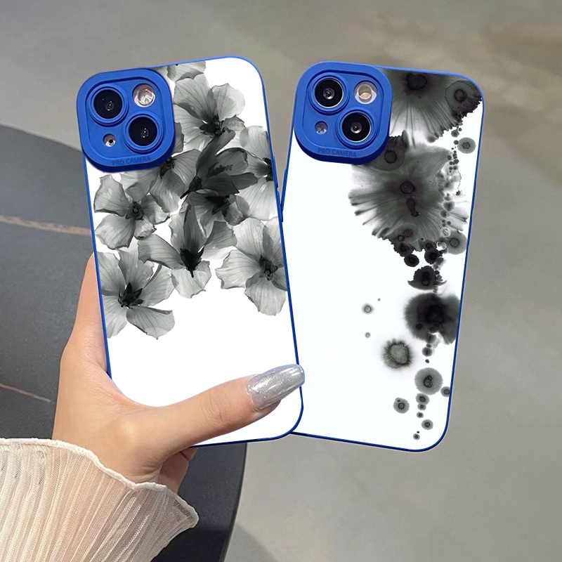 2pcs Ink Wash Flower Graphic Silicone Phone Case For IPhone 11 14 13 12 Pro Max XR XS 7 8 6 Plus Mini CLL Pattern Luxury Matte Original Blue Shockproo