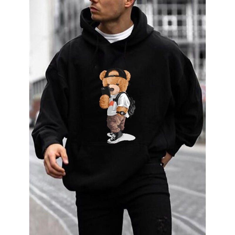 

Stylish Teddy Bear Print Hoodie, Cool Hoodies For Men, Men's Casual Graphic Design Pullover Hooded Sweatshirt With Kangaroo Pocket Streetwear For Winter Fall, As Gifts