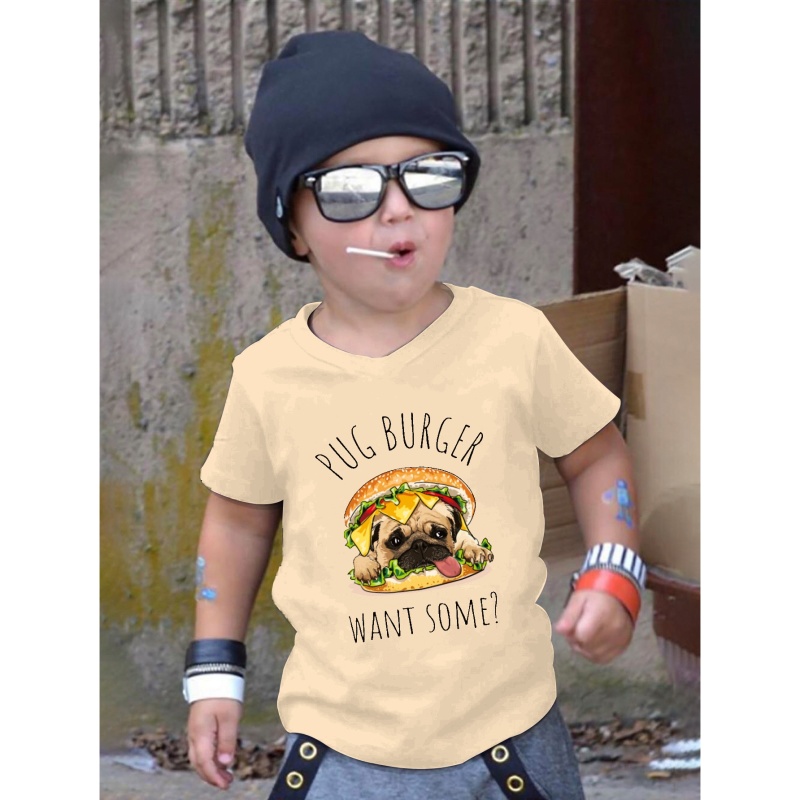 

Funny Pug Burger Print T Shirt, Tees For Kids Boys, Casual Short Sleeve T-shirt For Summer Spring Fall, Tops As Gifts