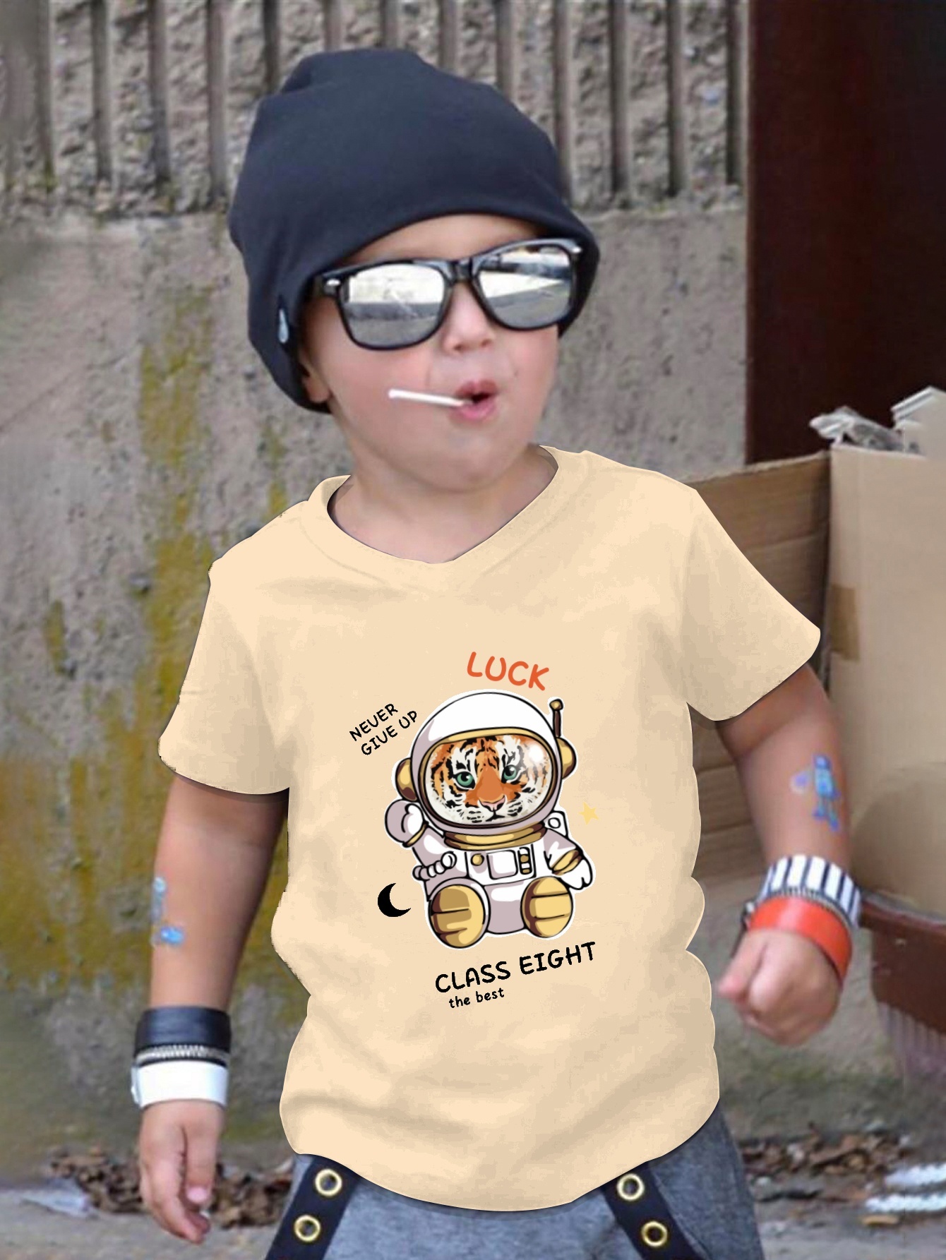 Cool Tiger Astronaut Print T Shirt, Tees For Kids Boys, Casual