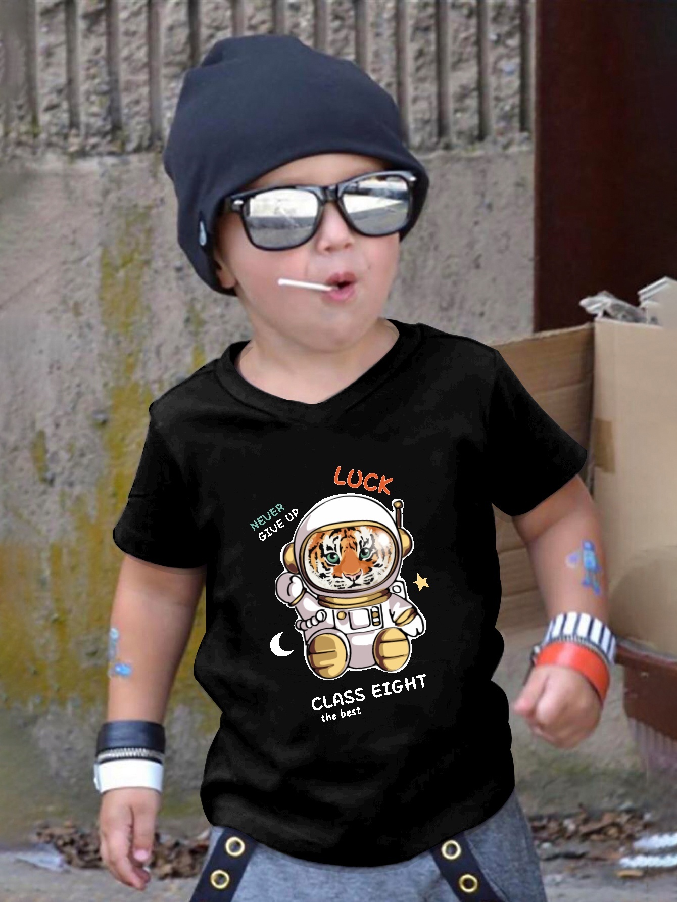 Cool Tiger Astronaut Print T Shirt, Tees For Kids Boys, Casual