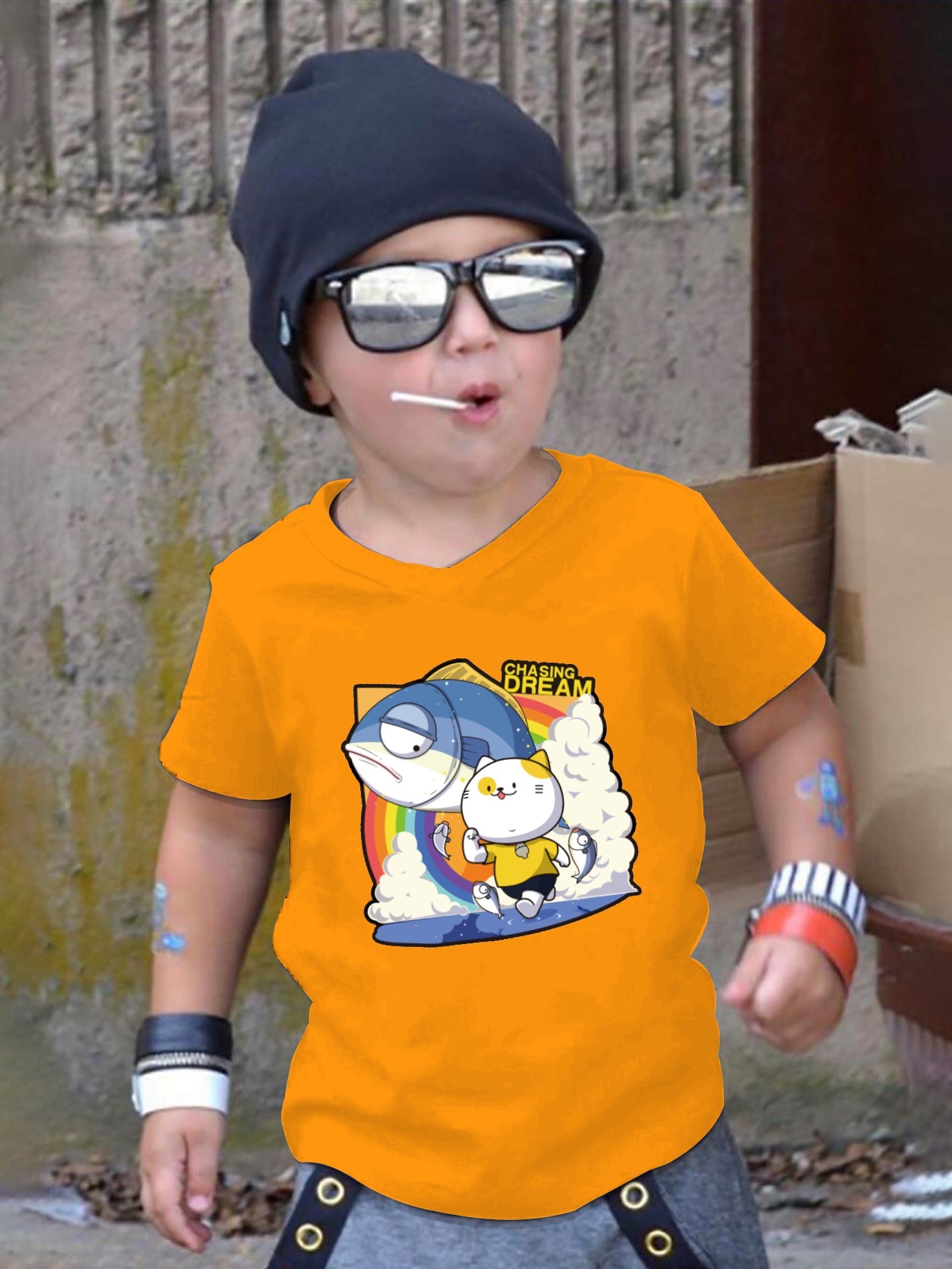 Cartoon Cat Fish Print T Shirt Tees Kids Boys Casual Short - Temu  Philippines