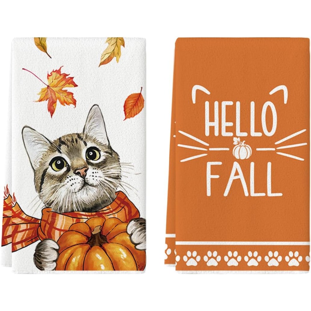 2pcs Fall Pumpkin Saying Kitchen Dish Towels Set Autumn Buffalo