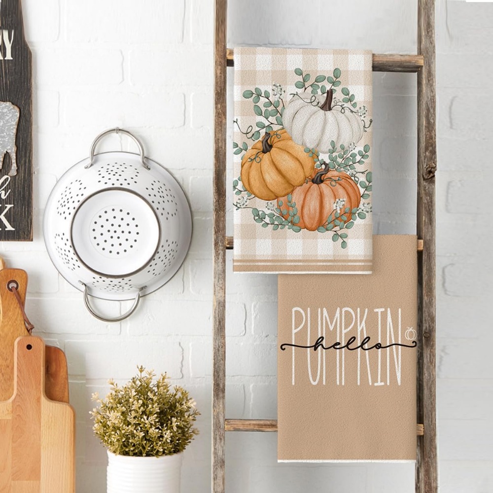 2pc Rustic Farmhouse Pumpkin & Cat Plaid Halloween Kitchen Hand Dish Towels