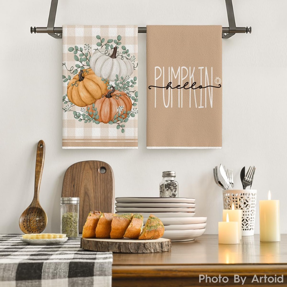 Hello Fall Kitchen Towel Set, Leopard Pumpkin Decor, Sunflower