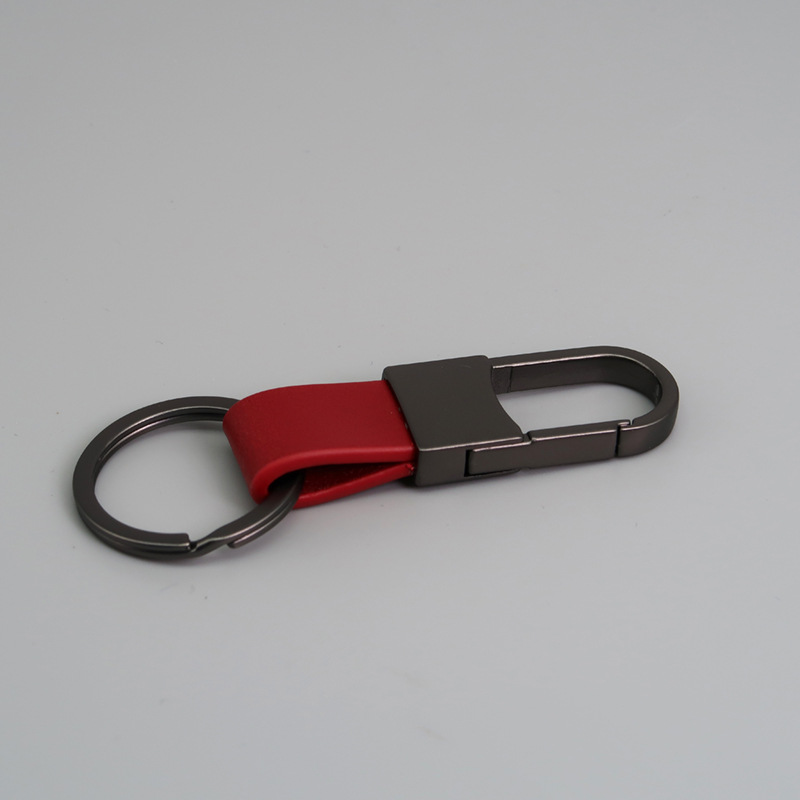 Car Keychain D Shape Classic PU Leather Universal for Men Women Black Red