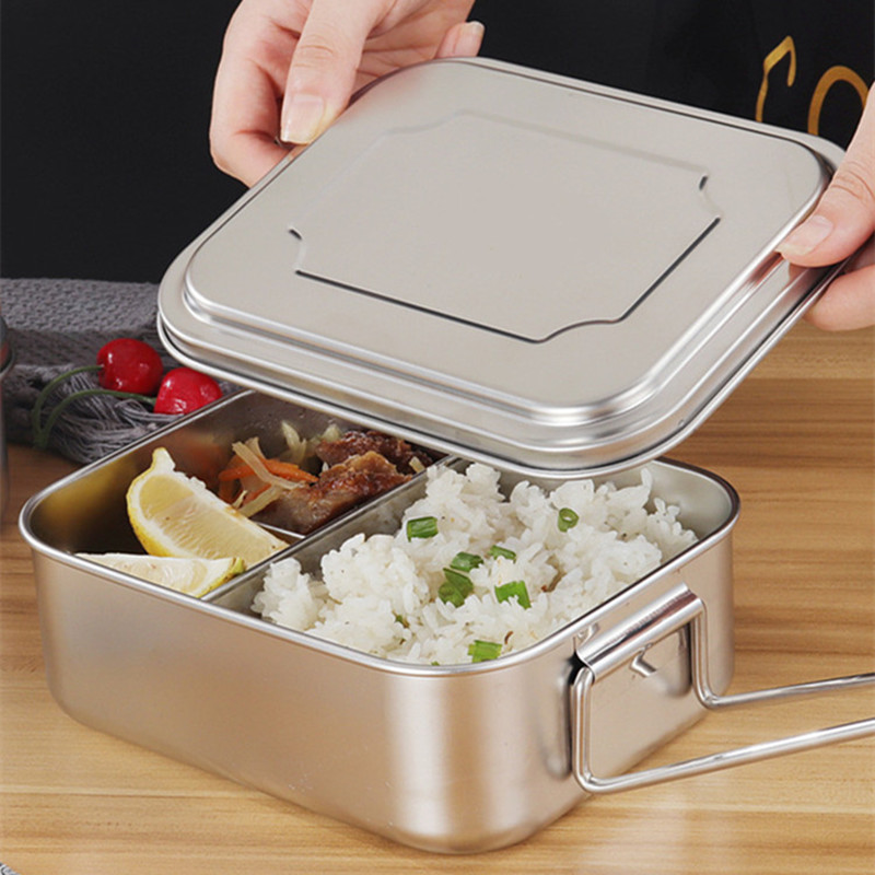 1pc Caja De Almuerzo De Acero Inoxidable Con Asa Portátil, Llene