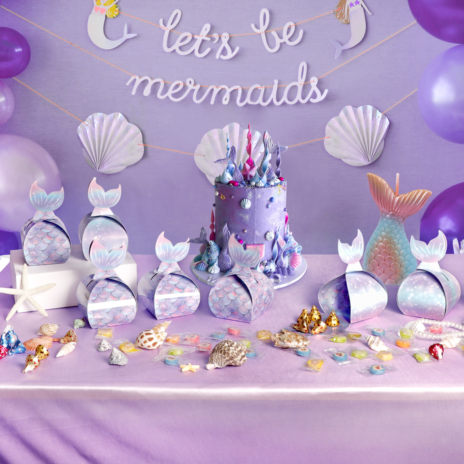 4Pcs Mermaid ocean theme cake topper Cake with fish scales (x4) Baby shower  children's cake decoration purple color