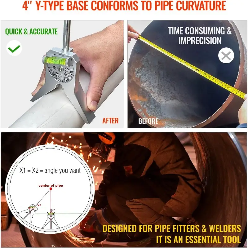 Stainless Steel Pipe Center Finder Tool With 4" Y-Head & Bubble Level For Welders & Pipefitters