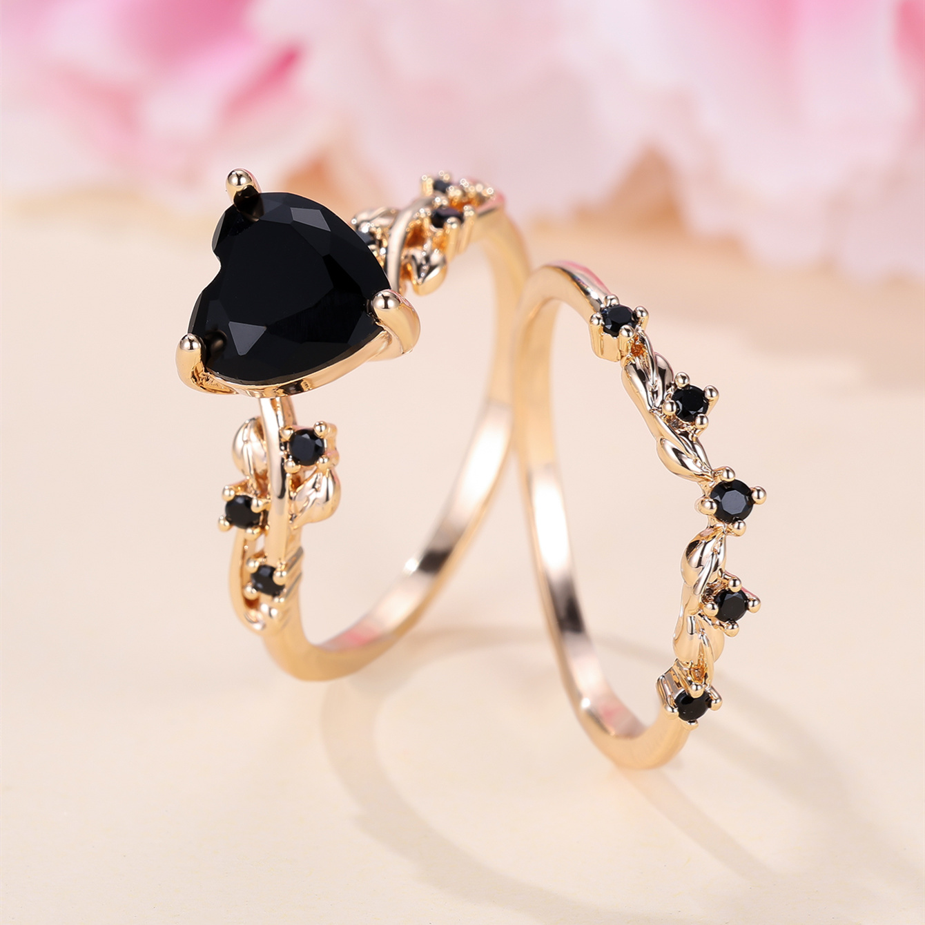 Image of Heart-shaped All-black Zirconia Ring Set For Women, Wedding Sparkling And Gorgeous, Perfect Jewelry For Engagement And Party Wear