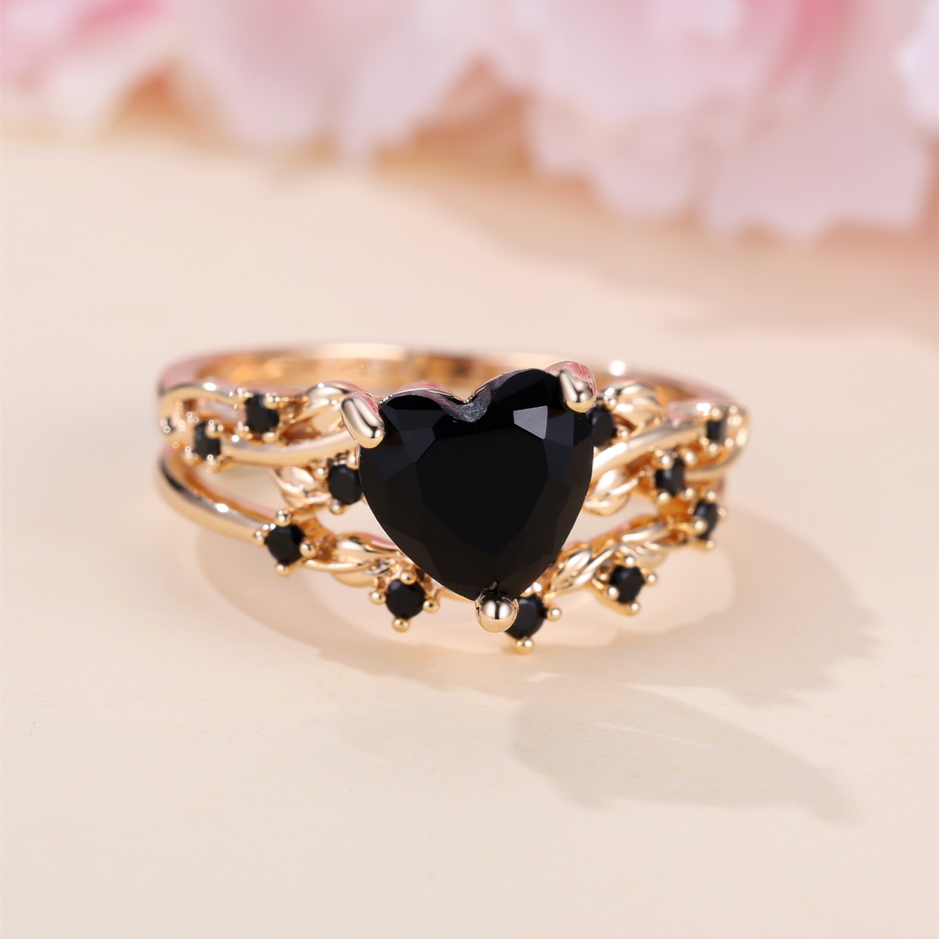 2pcs elegant stacking rings 18k gold plated inlaid black zirconia   shape trendy vine design on the band   daily outfits details 0