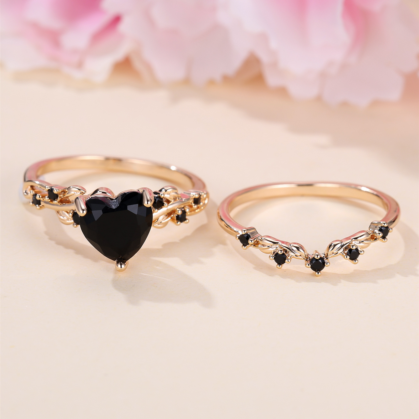 2pcs elegant stacking rings 18k gold plated inlaid black zirconia   shape trendy vine design on the band   daily outfits details 1