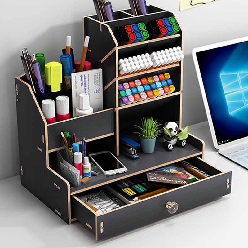 Wooden Desk Organizer, Multi-Functional DIY Pen Holder Box