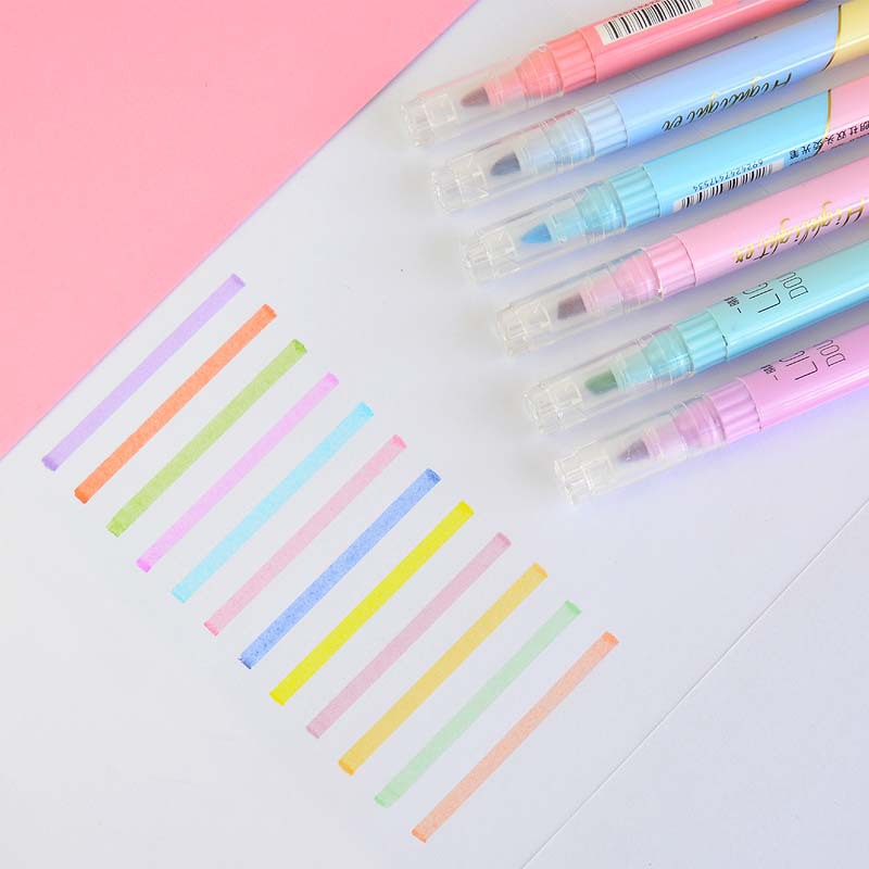 6pcs/set Double Tip Highlighter Pens Macaron Color Manga Markers Midliner  Pastel highlighters Kawaii Japanese Stationery