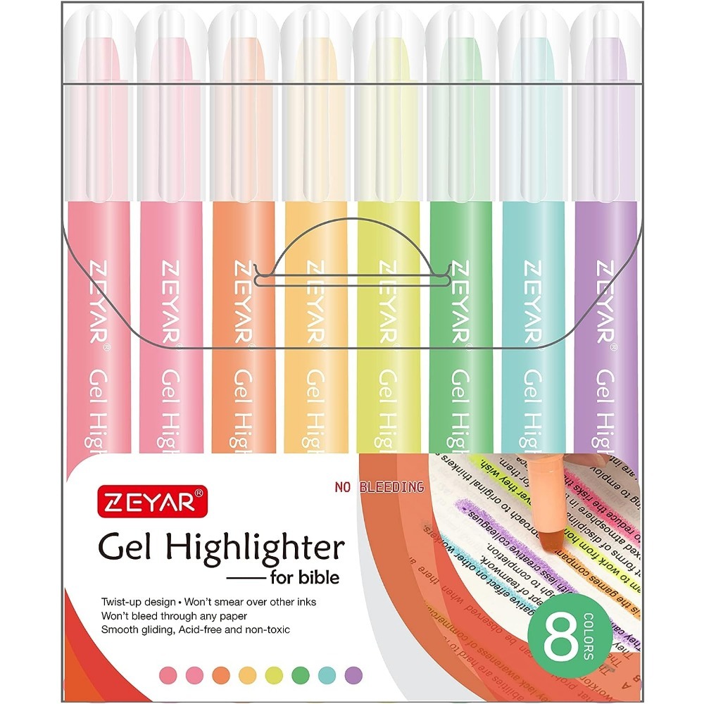 ZEYAR Gel Highlighters, Bible Highlighter Pens, No Bleed, Quick Dry, Assorted Colors, Bible Study and Bible Journaling Supplies, Bible Highlighters