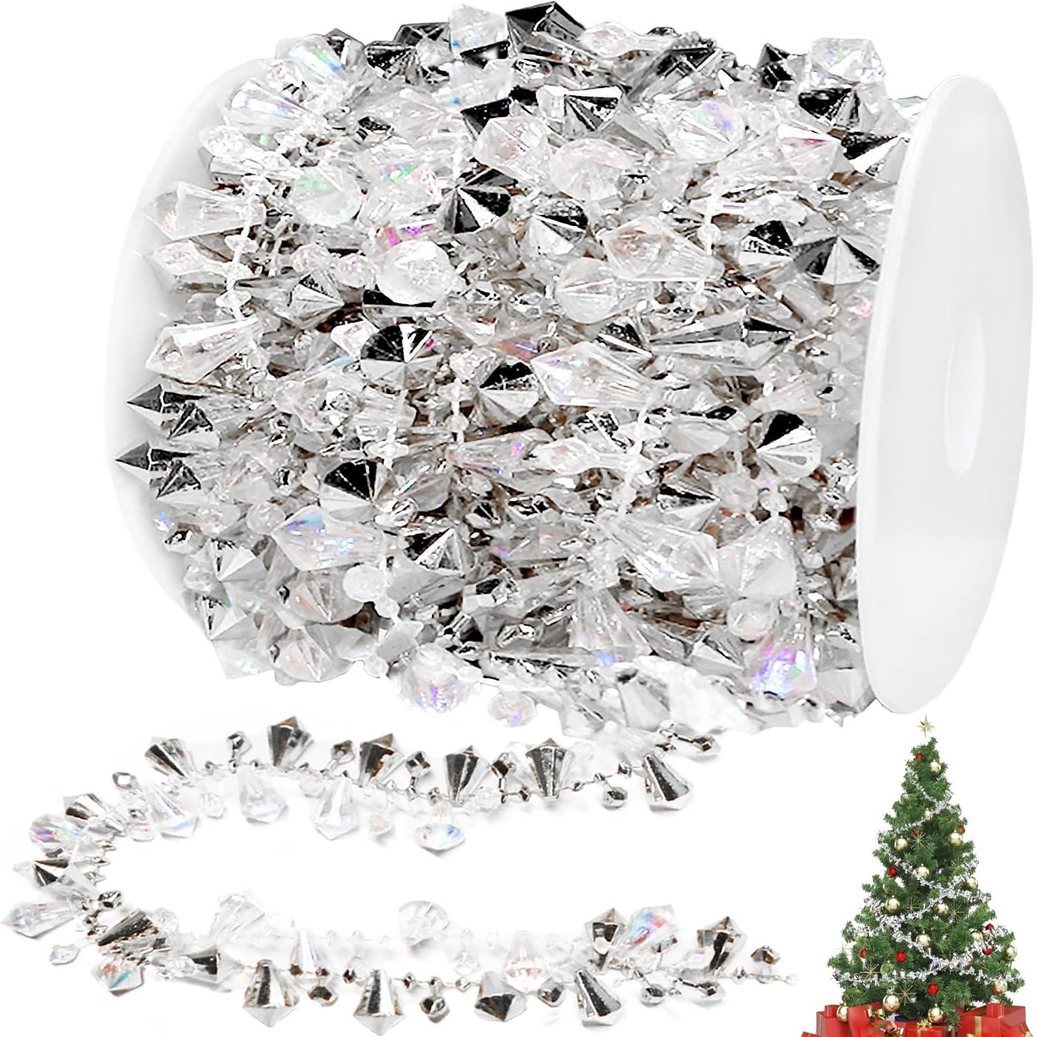 Debao 100 Feet 3 Rolls Christmas Tree Crystal Beads Garland, Diamond Crystal  String Shimmer Bead Garland Xmas Tree Crystal Garland Strands for Xmas  Wedding Party Decoration Crafting(White, Clear)