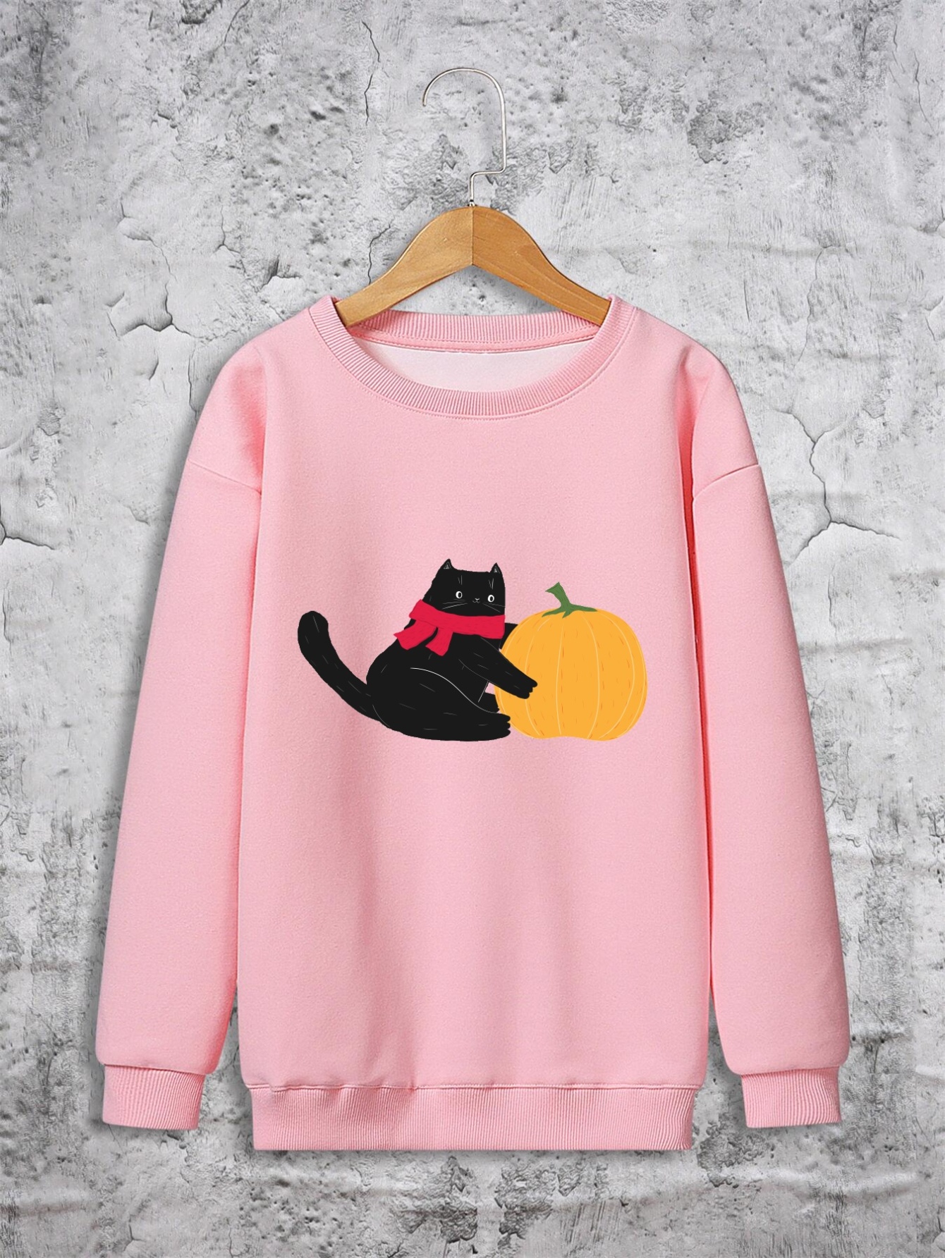 Cat & Pumpkin Graphic Halloween Girls' Tops, For Party Casual