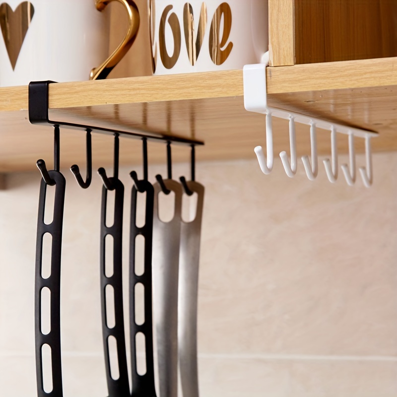 6 Hooks Cup Holder Hang Kitchen Cabinet Under Shelf Storage Rack