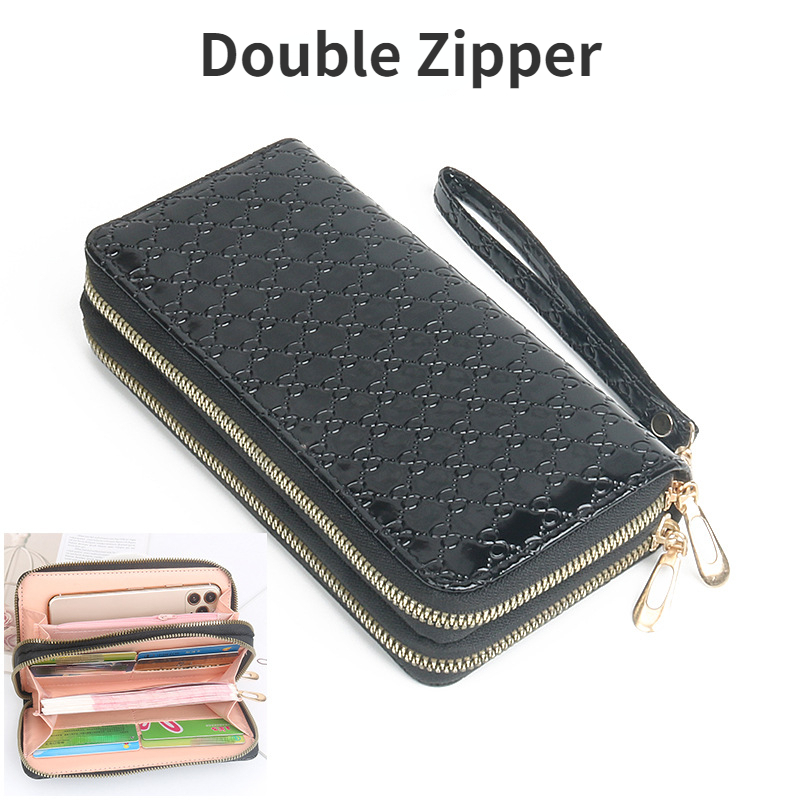 Double Zipper Clutch Long Wallet, Glossy Stylish Coin Purse