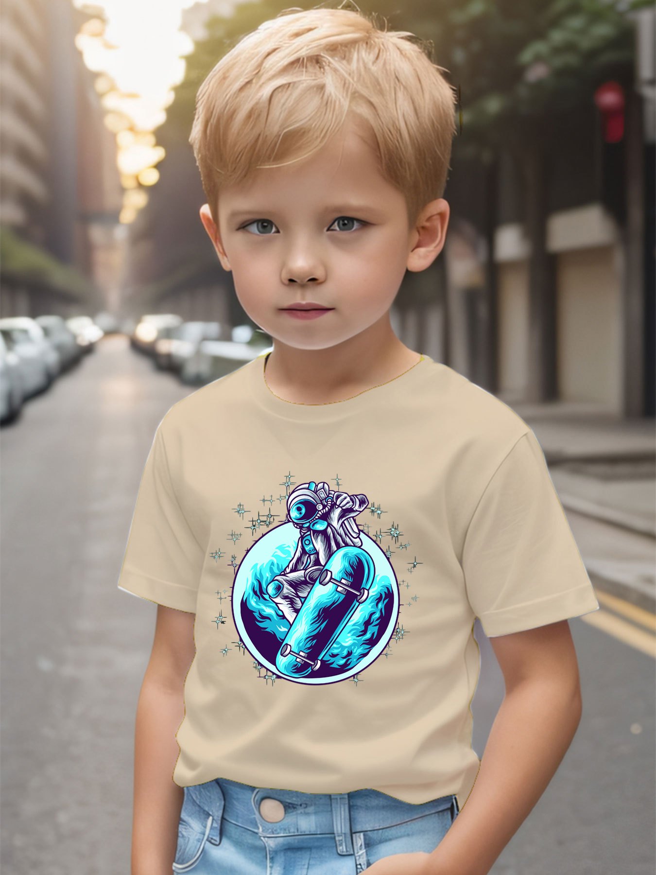 Skateboarding Astronaut Print Boys Creative T shirt Casual - Temu
