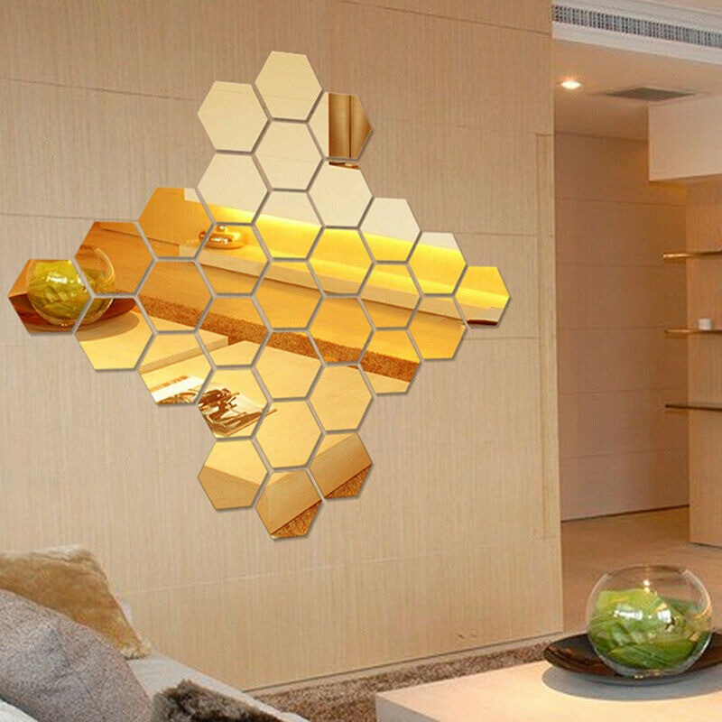 12pcs Hexagon Mirror Sticker Self Adhesive Wall Decals Golden