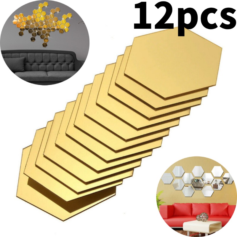 12pcs Hexagon Mirror Sticker Self Adhesive Wall Decals Golden