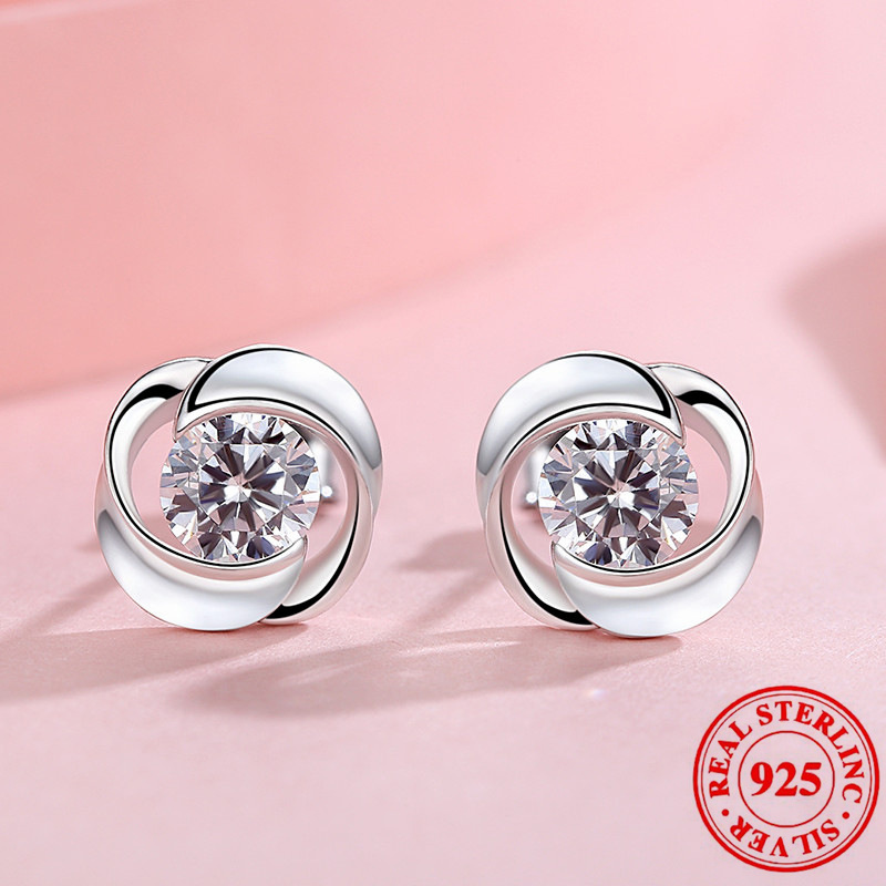 

Sterling 925 Silver Hypoallergenic Ear Jewelry Round Shape Shiny Zircon Decor Stud Earrings Elegant Simple Style Trendy Female Gift
