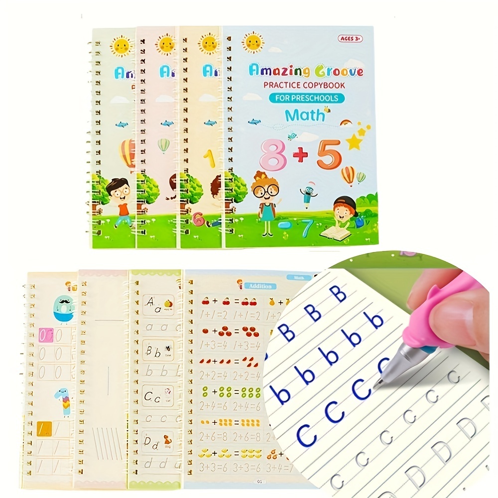 4 Pcs Magic Grooved Practice Copybook for Children, Letter Tracing for Kids Ages 3-5, 6-7 Reusable Magic Practice Copybooks for Preschools Magic