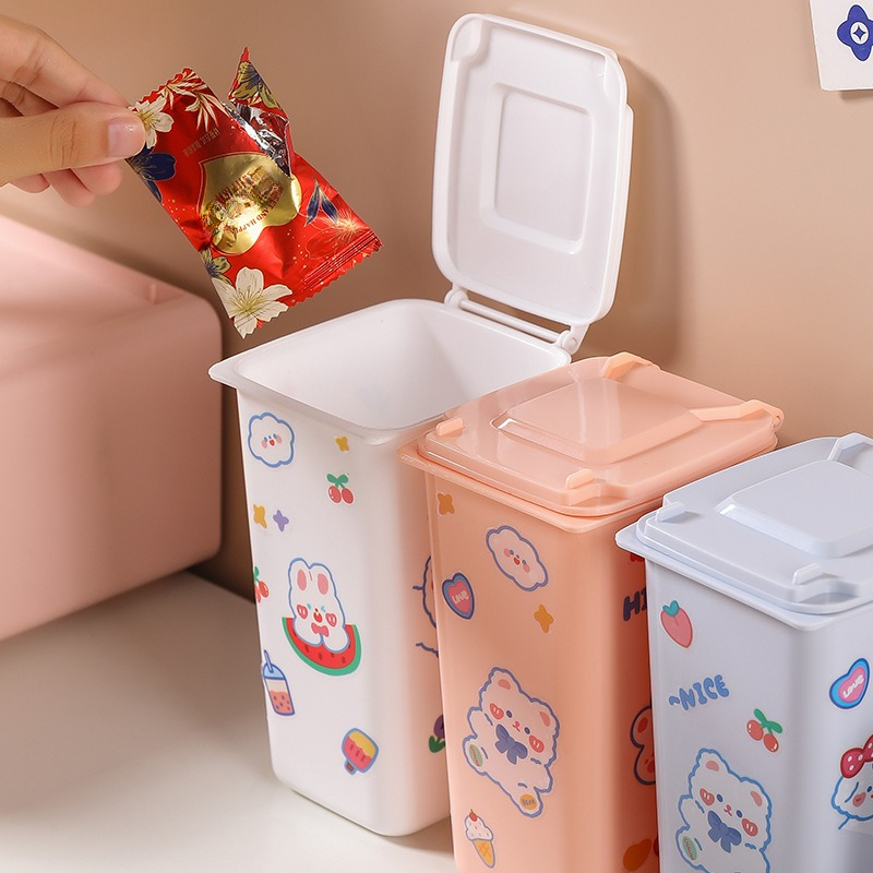  VABUN Mini papelera de reciclaje, papelera creativa de  escritorio con tapa, pequeño bote de basura para limpieza de oficina en  casa con botón, papelera de almacenamiento de escritorio, color rosa (color