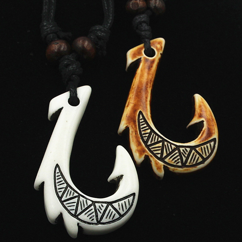 1pc Tribal Style Resin Necklace, Maori Fish Hook Imitation Bone Pendant For  Men And Women