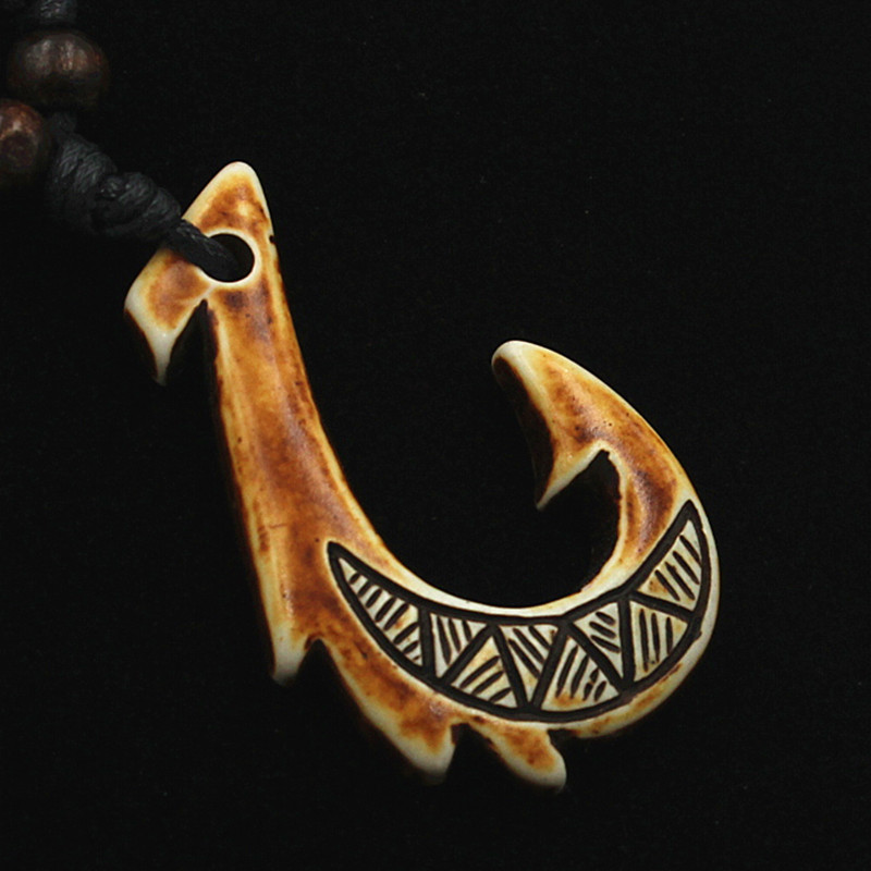 Imitation Bone Carved Fish Hook Pendant Necklace for Men Women