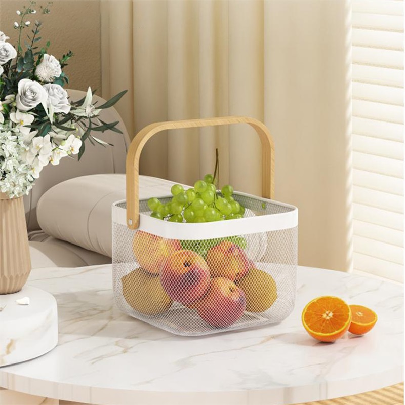 Fruit Basket With Wooden Handle Kitchen Desk Storage - Temu