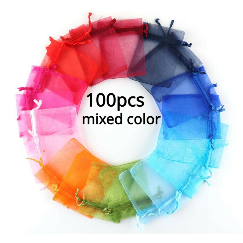 

100pcs Organza Bags-mix Color Satin Drawstring Organza Pouch Christmas Wedding Party Favor Gift Bag Jewelry Watch Bags For Retail Stores, Boutique ,supermarkets