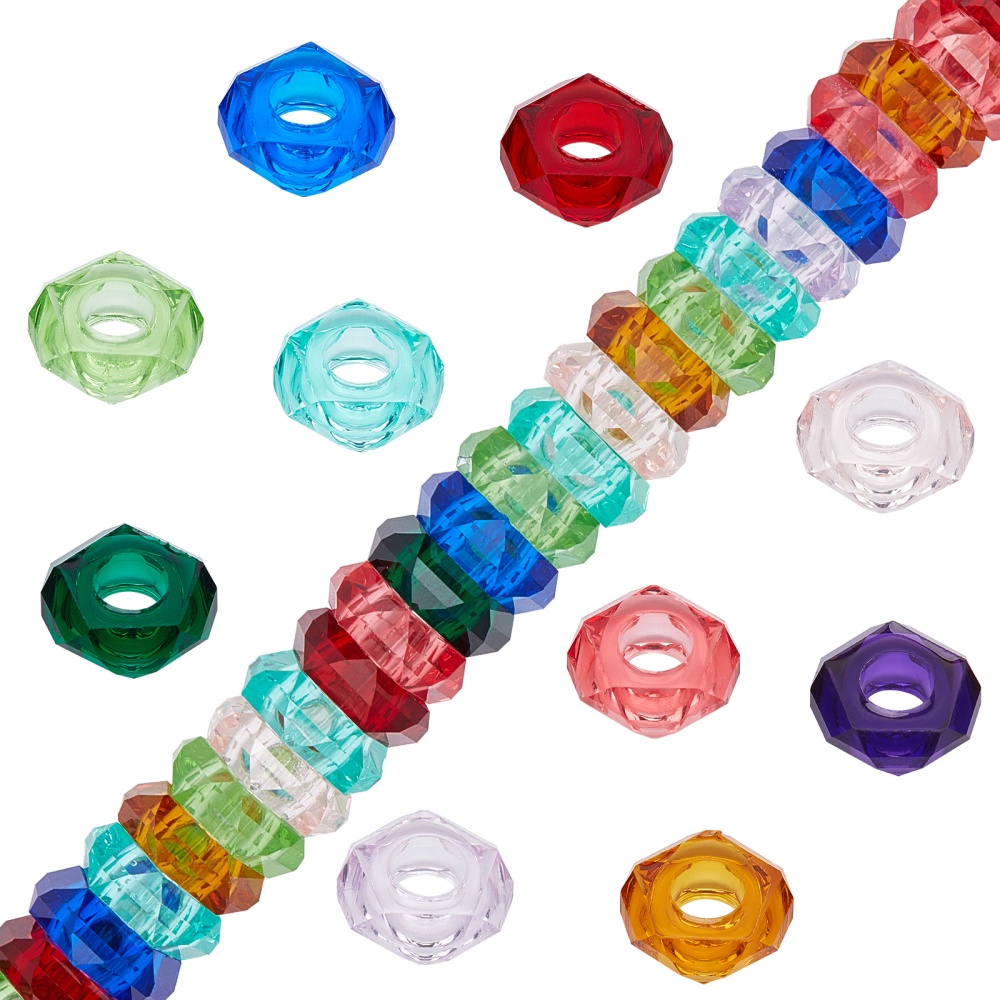 50pcs Mixed Colorful Transparent Faceted Rondelle Resin Imitation Crystal  Large Hole Loose Beads For Bracelet DIY Crafts Jewelry Making Accessories