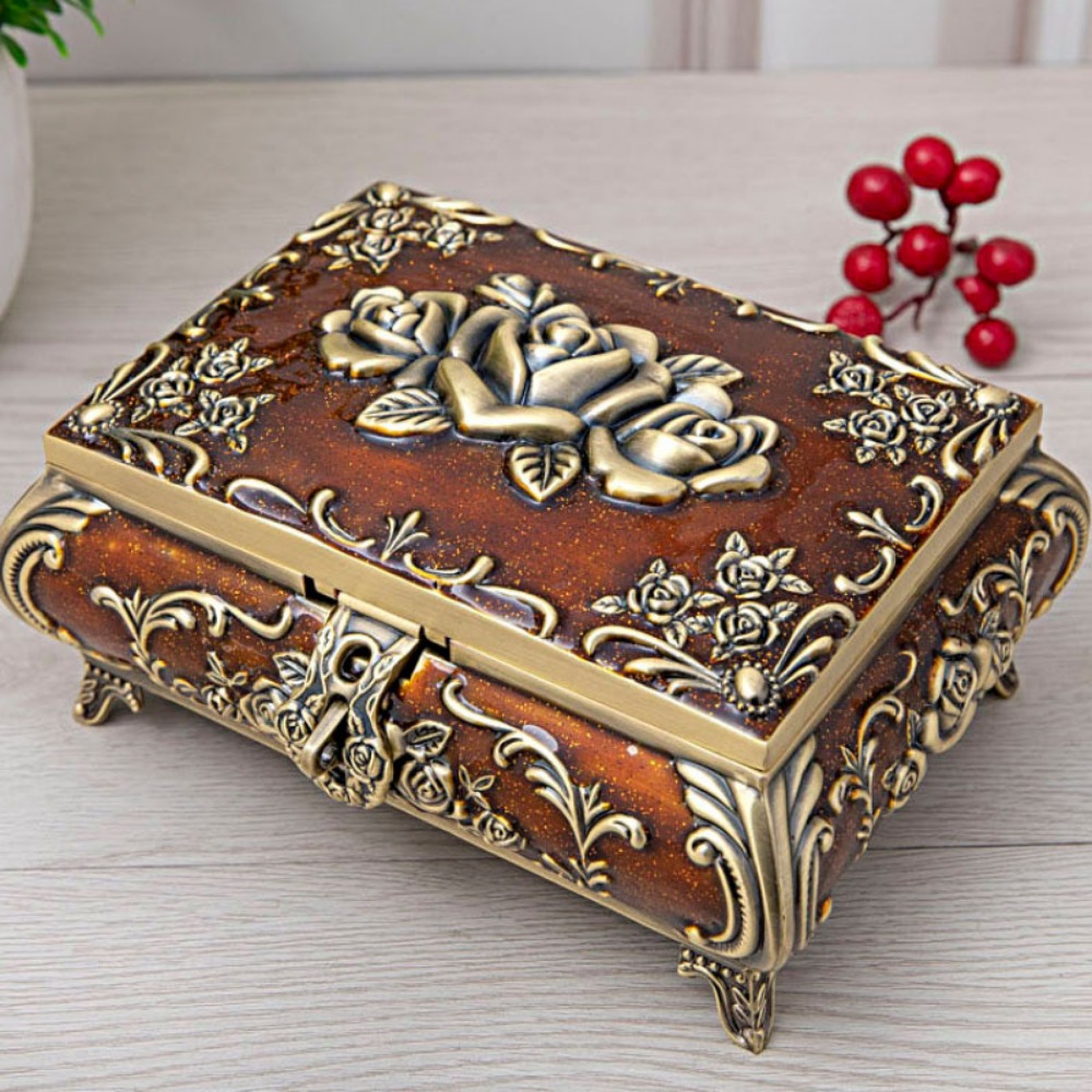 Vintage Jewelry Box, Metal Rectangular Small Jewelry Organizer Alloy  Flannel Trinket Box with Rose Engraved Design for Ring, Necklace, Earring,  Women