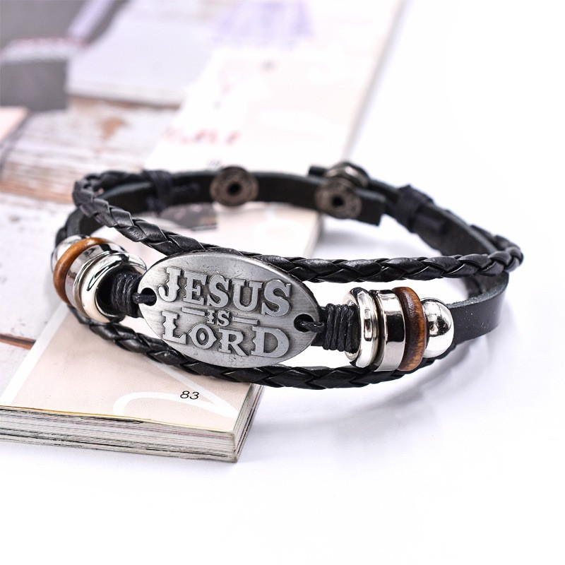 Braided Wrap Leather Bracelets for Men Women Jesus Loves Letter