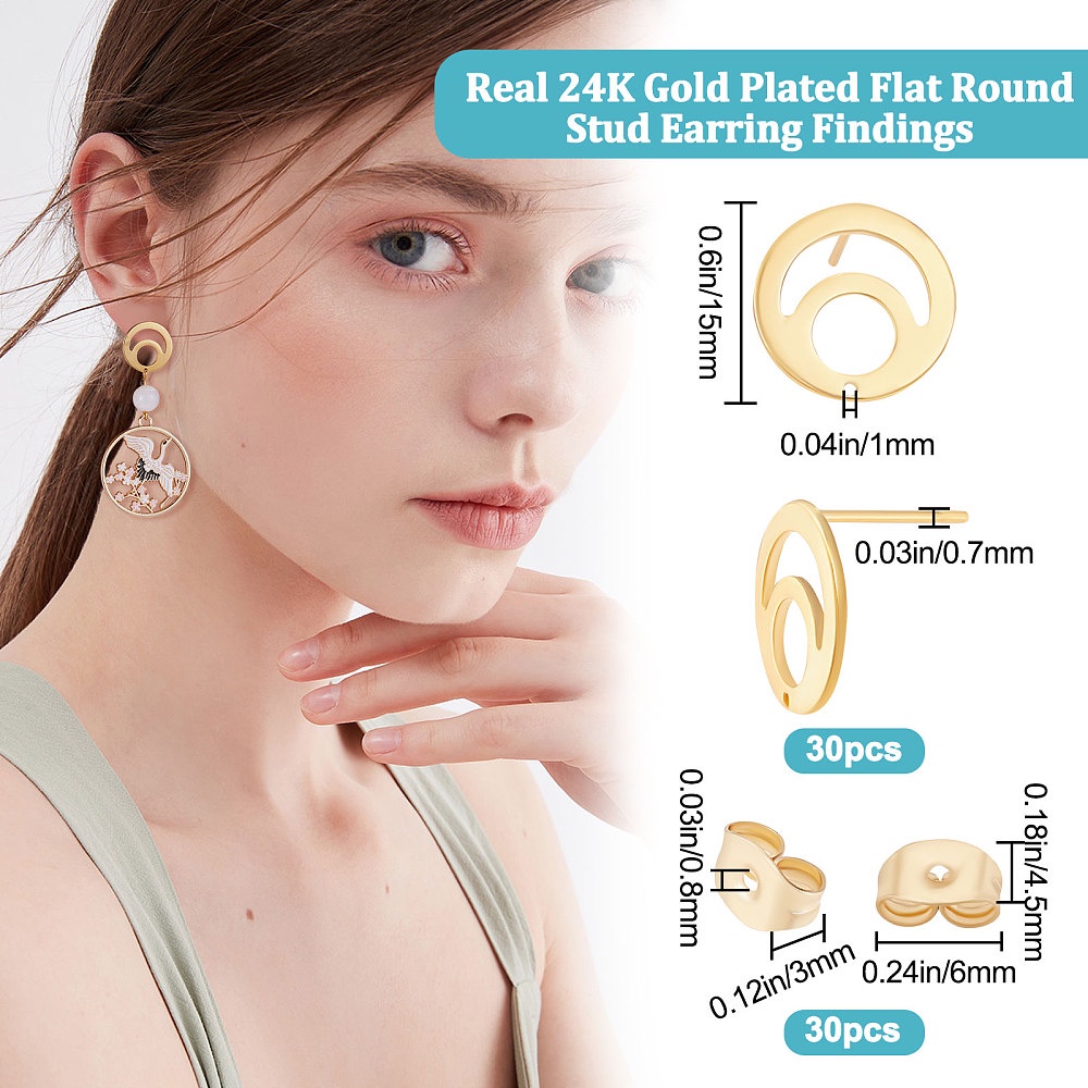 1 Box 30pcs 201 Stainless Steel Stud Earring Findings With 304 Stainless  Steel Pins And Ear Nuts Flat Round Real 24K Gold Plated 15mm Hole: 1mm Pin:  0