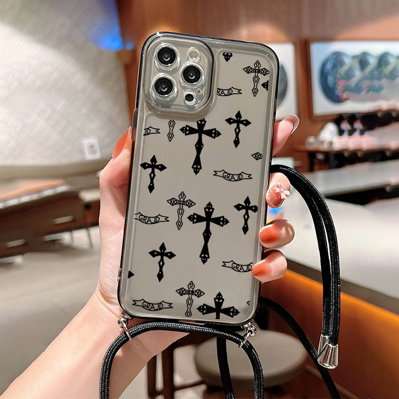 Funda De Silicona Con Cordón Funda Para Teléfono Con Gráfico De Cruz Negra  Con Cordón Para IPhone 11 14 13 12 Pro Max XR XS 7 8 6 Plus Mini Patrón De