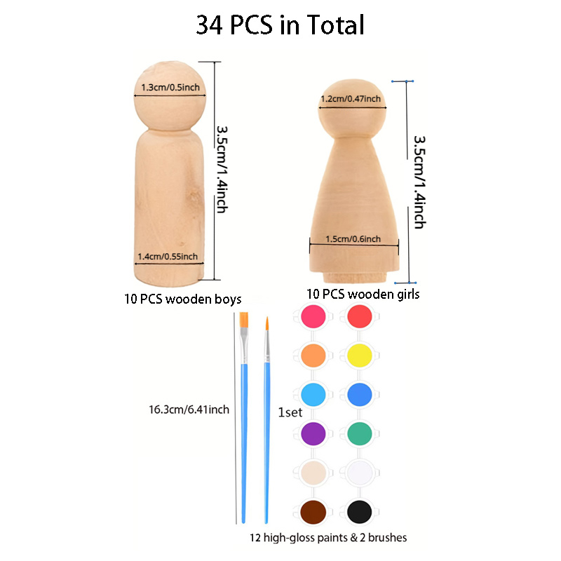 Diy Set, Unfinished Blank Wooden Peg Dolls, 12 Paints And Two Painting  Brushes Angel Peg Dolls, Diy Natural Wooden Doll Bodies For Arts And  Crafts, Graffiti/doodle Drawing Tool - Temu Oman