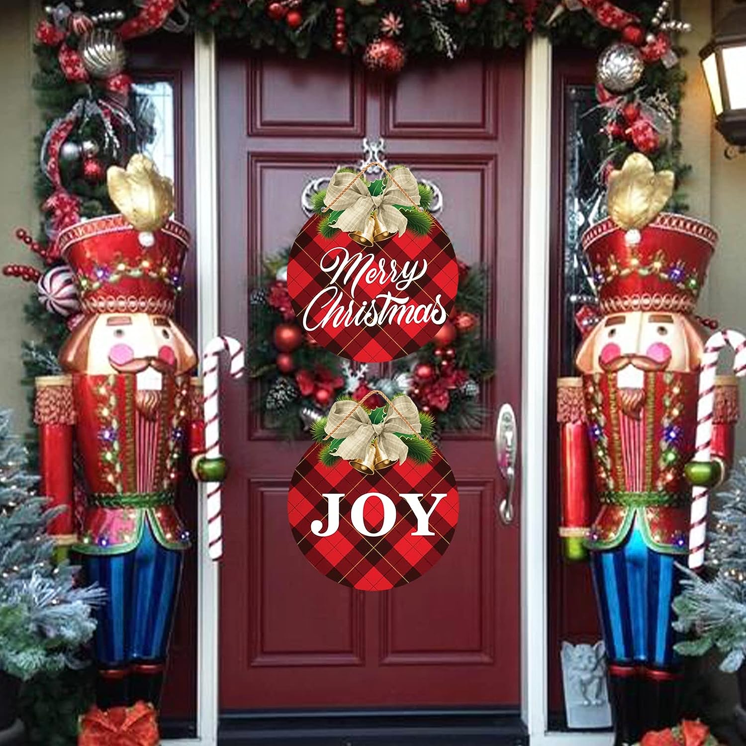 2 Pièces Décorations De Panneau De Porte De Noël, Panneau De Joyeux Noël À  Carreaux De