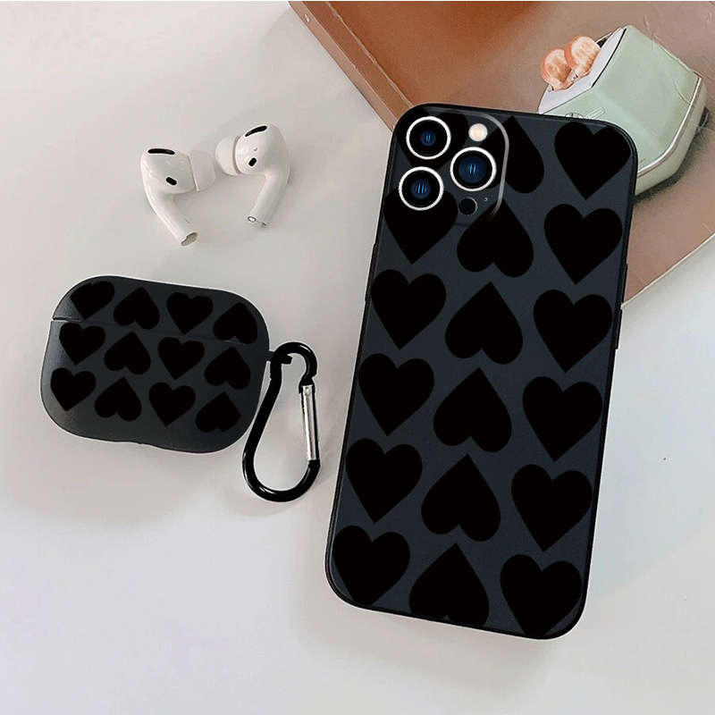 1pc Black Soft Protective Airpods Case With Colored Heart Pattern