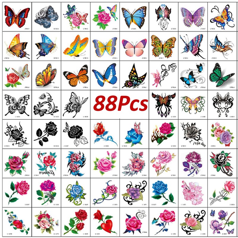 

88pcs/set Butterfly And Flower Pattern 3d Temporary Tattoo Stickers, Body Art Makeup Fake Tattoo Stickers, Removable Body Sticker, Hand Neck Wrist Art Fashion