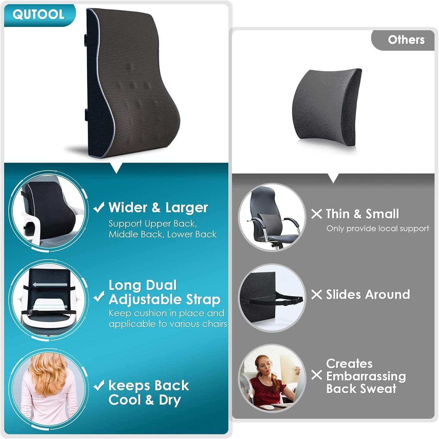 Adjustable Strap Lumbar Back Cushion: Back Support Pillow Memory Foam Car  Office Chair (Blue Cushion)