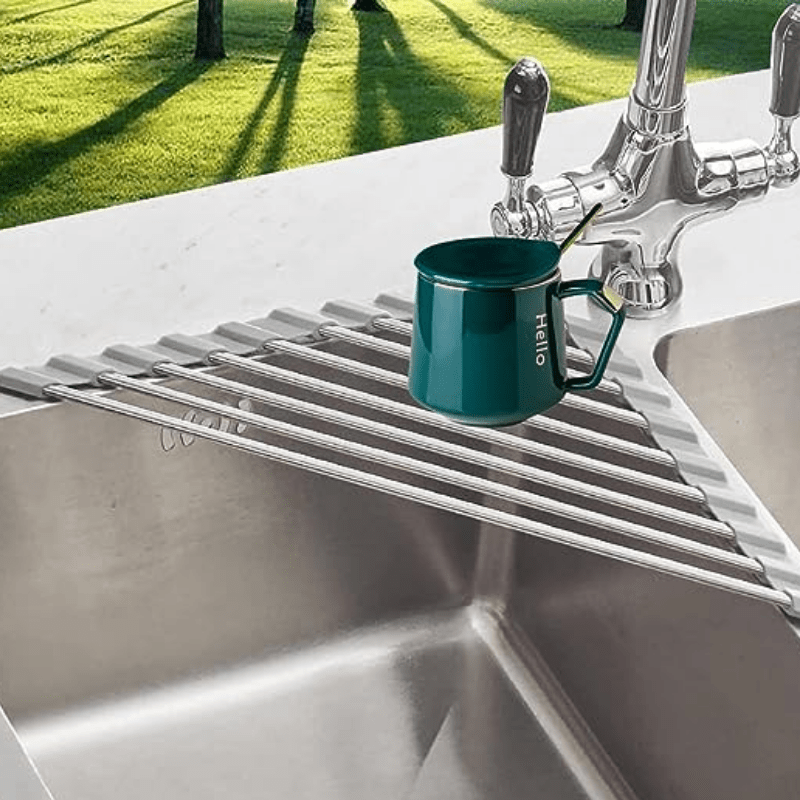 1pc Roll Up Dish Drying Rack For Sink, Triangle Mat Over Sink, Kitchen  Corner Drainer Mat, Foldable Stainless Steel Drain Rack For Kitchen,  Kitchen Ac